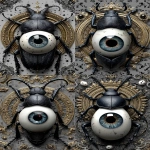 **insect doll locust roach hive, egg nest alien crawling on a black glitch scanline distortion fire, eyes burning, white pupil with red center, roasting on the beach, dusk cinematic --ar 2:3 --s 666 --p ajjw9qi --sref 4240880785 2348464004 <https://s.mj.run/8BMbIED5OrQ> --v 7.0** - Variations (Strong) by <@788265797444173834> (fast)