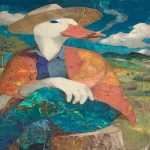 **<https://s.mj.run/w3WUq9uJd08> modern vintage 3d gangsta NeRF cartoon duck made up of a beautiful opalized wood colors, smoking a cigar, sitting on a tree stump --v 7.0 --p ojgx1bc 1dby126 besdyf1 qu45389 --iw .50 --no borders --ar 9:16 --s 450 --q 4 --c 3 --sref <https://s.mj.run/ZNY5NQsYZVA>** - Image #1 <@1059292469474373672>