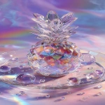 **a highly detailed crystal pineapple art piece, shaped like a ripe pineapple made entirely of translucent gemstone, iridescent rainbow reflections, sparkling diamond-like textures, placed on a clear glass plate, surrounded by crystal droplets, soft pastel lighting, dreamy glossy aesthetic, hyper realistic photography, fantasy luxury concept --ar 9:16** - Image #3 <@1240240057374478349>