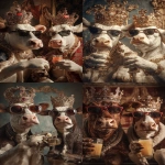 **Ultra HD profile photo of two gangster cows, wearing crowns with lots of gems on the crown, wearing sunglasses. the two cows are at a party and are holding their arm out with drinks in their hands doing a cheers motion to celebrate. background is decorated with a royal theme. taken with a cannon eos, hyperrealistic, natural lighting --ar 2:3 --raw --v 7.0** - <@1103975769467789322> (relaxed)