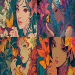**An illustration with intense tones of a nymph in 3/4 view holding a butterfly in her hand and wearing a lily in her hair, in colorfull and anime style. --ar 16:9 --v 7.0** - <@1068240844349509652> (fast)
