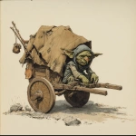 **In a dungeons and dragons and Frank Franzetta art style, a scared crying goblin hiding under an old dirty tarp on a two-wheeled medieval cart --v 7.0** - Image #1 <@478047972412620803>
