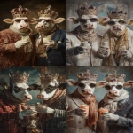**Ultra HD profile photo of two cows wearing giorgio armani suits and winter scarves, wearing crowns with lots of gems on the crown, wearing sunglasses. the two cows are at a party and are holding their arm out with cocktail drinks in their hands doing a cheers motion to celebrate. background is decorated with a royal theme. taken with a cannon eos, hyperrealistic, natural lighting --ar 2:3 --raw** - <@1103975769467789322> (relaxed)