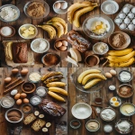 **Flat lay of cinnamon banana bread ingredients on a warm wooden kitchen table: ripe bananas with brown spots, melted butter in a glass bowl, eggs, vanilla extract, flour, baking soda, granulated sugar, dark brown sugar, cinnamon in small bowls, loaf pan, cozy natural light, home baking aesthetic --v 6.0 --ar 4:5 --raw** - <@1321895242076520463> (fast)