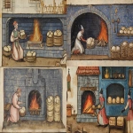 **Medieval illuminated manuscript scene depicting [baker kneeling beside an open hearth with fire roaring; heavy sacks and loaves of dough nearby], flat perspective, rich saturated colors, delicate black outlines, 14th century European manuscript style, parchment texture, simplified stylized figures with pale complexions and rosy cheeks, architectural background with blue-gray walls, minimal shading, historical accuracy, --ar 16:9 --v 6.1 --raw** - <@1168965155363762248> (fast)