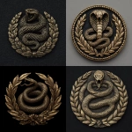 **An emblem depicting a black coiled viper baring its fangs above a laurel wreath the perfect balance of lethal precision and earned power. The serpent represents silent, controlled violence; the laurel symbolizes victory through discipline. Together, they form a mark of ruthless authority and unwavering loyalty. The finish is of an old antique gold.** - <@208045479605305344> (fast)