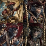 **lion tamarind monkey, dark blue and gold fur, rough and roguish, airship pirate wearing weathered leather vest and crimson captains hat, necklace with large dragon tooth pendant, swinging from ships rigging with a sword, photorealistic, character profile** - <@271696906097393695> (fast)