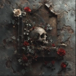 **an old grungy photograph on a skull with vines, ivy and roses growing out of it onto an old gothic castle wall, dark moody vibe, muted colors with pops of red --v 7.0** - Image #4 <@424564814052851715>