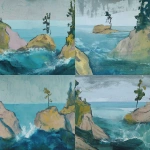 **<https://s.mj.run/pPytsLEIUl0> an abstract painting of georgian bay frothy water crashes onto the shore of a rock island with a single wind blown pine tree, paint mixed with streaks, muted and abstract forms, in the style of Helen Frankenthalter --ar 3:2** - <@999895176619237436> (fast)