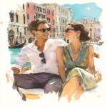**a fashion illustration of a man in a white shirt and a woman in an elegant dress sitting in the back of a gondola in Venice, Italy. They're laughing, romantic atmosphere, watercolor technique, in the background the stunning architecture of Venice, colorful, light effects, perfect composition, dreamy mood. watercolor technique, vibrant colors. --ar 13:16** - Image #1 <@1220684338807439425>