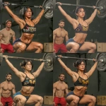 **a photo of an asian woman in her thirties doing an overhead squat wearing a black shirt with butterfly dream motif and blue shorts at the gym. She is wearing glasses, and there are some boxes on the ground, weight plates around her, and another person next to her observing how she performs the exercise. the setting is a dark room with a concrete floor and a barbell in the background. She looks focused while lifting heavy weights overhead. the image captures a moment during a crossfit training session. --p pu1nj44 9ss3njw** - Remix (Subtle) by <@538878031226470440> (relaxed)