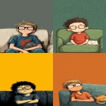 **funny very tired boy with eyeglasses in t-shirt sleeping on sofa, very simple catroon style, solid background --ar 9:16** - <@409716268476923920> (fast)