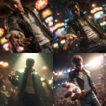 **a photorealistic image of a man with short spiked brown hair in a black leather jacket, white tshirt and jeans, standing in a crowded casino holding a pair of dice in his hand palm facing up. Make the man somewhat in shadow. Make it a low angle shot with a spotlight shining down on the hand holing the dice ar 3:2 --v 7.0** - <@1079878313302048812> (fast)