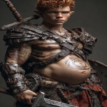 **Realistic 3d rendering. Epic battle scene. pregnant, Hyper muscular young elf with protruding stomach, handsome, tall, square jaw, short curly red hair, bright silver eyes, full bow-shaped bow-shaped, lips, defined muscles, vascular, freckles, pregnant belly, tattoos, square jaw, masculine features, handsome, short curly red hair, hyper oversized muscles, massive muscular arms, massive muscular biceps, massive muscular forearms, massive muscular legs, massive muscular thighs, massive muscular calves, hyper massive muscles, wearing leather armor, huge muscles, handsome, carrying large sword, running into battle. Realistic. --ar 9:16 --v 7.0** - Image #3 <@1222981214734913607>