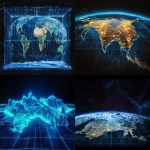 **A surreal digital artwork showing Earth's Mercator projection transforming into reality - continents stretch and warp dramatically toward the poles, with Greenland and Antarctica massively exaggerated. The map grid lines glow in neon blue against a deep space background, with tiny illuminated cities marking human civilization. The transition between true geographical size and Mercator distortion is visualized through a glass-like dimensional rift running along the equator, showing the actual proportions below versus the stretched version above. --ar 16:9** - <@502223291524579328> (turbo)