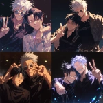 **Still taken shot from anime episode - Levi Ackerman from Attack on Titan and Satoru Gojo from Jujutsu Kaisen. Gojo has white hair, his arm around Levi's shoulder and is posing with a big smile and making a peace sign, Levi has black hair, has his arms crossed and looks slightly annoyed against a black background with sparkles in the art style of attack on titan anime. Friendship-style pose, Anime TV art style, attack on titan, jujutsu Kaisen. Uniform details, beautiful lighting, anime art, manga --niji 6** - <@774763495555072010> (fast)