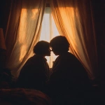 **A romantic couple sharing an intimate moment behind soft golden curtains, warmly lit by a cozy floor lamp, wrapped together in a blanket, silhouetted gently, dreamy and tender atmosphere, early morning or twilight glow, peaceful indoor setting, shallow depth of field, cinematic lighting, vintage color grading, 35mm film style, subtle grain, emotional storytelling, soft focus, style cinematic** - Image #4 <@1331627685406965792>