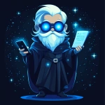 **Futuristic legal wizard mascot, glowing blue eyes, wearing a judge robe mixed with a wizard cloak, holding a digital scroll and a smartphone, cartoonish but clean, high-tech magical vibe, flat design - vector art --s 250** - Image #2 <@844314166369583134>