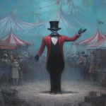 **a carnival ring master wearing a red vest and black suit with no face under his black top hat is welcoming you with his right arm to the creepy weird Lovecraftian carnival, as a front page art piece painting, --ar 8:11 --v 7.0** - Image #4 <@1035886146422583346>