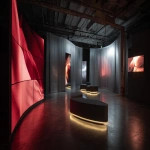 **A modern minimalist pop-up store scene, featuring an open U-shaped layout. The entire space primarily uses concrete, matte metal, and frosted glass, with a color palette of sophisticated gray and dark red accented by denim and plaid decorations. One side of the U-shape features a giant curved LED screen dynamically playing abstract, emotional images and clothing close-ups; the central area comprises staggered transparent acrylic display stands showcasing deconstructed clothing, with lighting precisely focused on product details; the other side is an immersive emotional experience zone, dimly lit and featuring several cocoon-shaped fabric seats that offer a sense of envelopment, facing ever-changing, poetic light and shadow projections onto a gauze screen. The overall space is filled with a cool, private, yet dynamic atmosphere, skillfully balancing a technological feel with human warmth. --ar 16:9 --raw --v 7.0** - Image #4 <@451788196188258306>