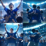 **Young Japanese male soccer player celebrating after scoring, plain solid blue jersey with no logos or brands, only a white back number, hugging teammates, modern stadium full of cheering fans, bright lights, sweat and determination on faces, cinematic atmosphere, realistic style, wide shot, no goalposts --niji 6** - <@1212945075831836692> (relaxed)