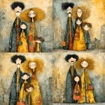 **whimsical photorealistic illustration of a fathers d mother with their girl and boy, father has black hair and a moustache, he’s wearing glasses, mother has curly blonde hair and she’s wearing glasses girl has dark brown hair and she’s wearing glasses, son has brown hair and is older and taller than the young girl --v 7.0 --p b3kgthr --s 750** - Variations (Strong) by <@520759084903956481> (fast)