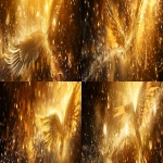 **Divine golden light rays descending from heaven onto floating elemental symbols (fire flame, water droplet, air swirl, earth crystal), angelic wings in background, warm amber and gold color palette, hyper-realistic spiritual energy, cinematic photography --ar 4:1 --v 6.0** - Variations (Strong) by <@900787127892180992> (relaxed)