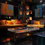 **Surrealism 1980s abstract luxury music lounge, black gold brown colors rich colors, luxury, hd quality , vinyl showing, low lighting, 1 conversation pit, tall abstract speakers, vinyl records , bar lounge included , high quality, clear record shaped table --v 7.0** - Image #4 <@951239260281913364>