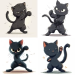 **A black cat is performing martial arts, in a simple drawing style, with a flat illustration on a white background. The cartoon vector graphics feature simple lines and minimal details, showing the full body of the cute and funny-looking feline. The little feet of the furry black kitten have large claws that resemble kung fu hand movements as they dance. --ar 8:7 --v 6.0 --s 250** - <@756269320539209761> (fast)