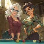 **realistic 50 year old long Curly haired blonde architect girl with blue glasses playing billiards with a 45 year old girl with short spiky brunette hair glasses and curvy hips** - Image #2 <@690727352149475348>