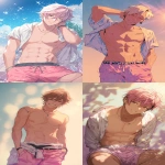 **Masterpiece, high quality, beautiful and article illumination, 1 teenage male, piercings, swim shorts, looks happy, white, pink, light purple, beige, yurufuwa, anime --v 7.0 --ar 3:5 --no shirt,t-shirt,tank-top,coat,robe,towel,hoodie,jacket,vest,crossed-arm** - <@409716268476923920> (fast)