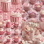 **seamless pattern design featuring pink ceramic hot cocoa cups, candy cane stripes, satin pink bows, soft white snowflakes, pastel pink vertical stripes in the background, adorable cozy winter aesthetic, smooth shading, gentle highlights, kawaii sweet style, clean and crisp edges, no clutter, --tile --ar 1:1 --v 6.0 --s 750** - <@1094715673021796435> (fast)