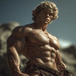 **Realistic 3d rendering. Full body portrait of ruggedly handsome, Hyper muscular handsome elf, bright silver eyes, short curly blonde hair, short pointed ears, defined muscles, pronounced features, hyper muscular, wide Grecian nose, strong square jaw, defined cheek bones, masculine features, freckles. Bodybuilder. wearing a tight short leather skirt. His oiled skin glistens under intense studio lighting. A strong camera flash highlights the shine on his muscles, creating bright reflections on his body, arms, and thighs. Retro fitness photography style, slightly exaggerated lighting contrast, 90s magazine aesthetic, center-framed, studio portrait shot. Standing and posing in a sunny rocky field. --ar 5:6 --v 7.0** - Image #1 <@1222981214734913607>