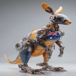 **a 3d rendered image of an industrial-style kangaroo robots with a glass chest head and Australian flag colour scheme metallic metal, an ultra-detailed illustration in the style of Atey Ghailan and Jacek Yerka, ultra-high resolution, in a dynamic pose, 4k --ar 13:20** - Image #3 <@1087506013407695028>