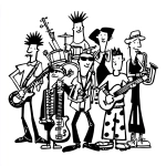 **black and white coloring book page, different music band styles, rock band with guitars and drums, jazz musicians with saxophone and upright bass, punk band with mohawks, classical orchestra musicians, hip hop group with microphones, country band with acoustic instruments, bold thick outlines, zero shading, no gradients, clean linework, simple shapes, white background, high contrast, vector art style, cartoon style, suitable for coloring, no gray tones --no shading, shadows, gradients** - Image #3 <@1104973414864781503>