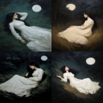 **a dark, moody victorian oil painting in impasto style of a korean woman in a cream long white dress with long black hair in a dark forest reclining on the grass and reaching lovingly for the full moon. it's night and the moon casts its pale shadow on her. in the style of Johann Henry Fuseli. --ar 3:4 --v 7.0** - <@693132661379825714> (79%) (fast)