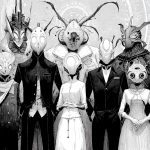 **A vintage anime-style full-body black-and-white illustration. A group of creepy abstract non-human creatures posing for a group photo, concept art, futuristic. --v 7.0** - Image #2 <@852041915598635039>