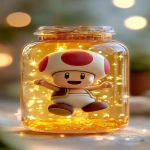 **a cute mushroom-headed character inspired by Kinopio, gently enclosed inside a soft, translucent pudding-like jelly with a golden caramel top, the character is peacefully floating inside, arms slightly raised, with a curious and surprised expression, surrounded by sparkles and soft light in a whimsical fairytale setting, dreamy atmosphere, Rapunzel-style anime illustration, high detail, family-friendly style --v 7.0 --ar 9:16 --oref <https://s.mj.run/dgfYBTKPdkw> --ow 200** - Image #3 <@1112784568303497357>