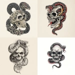 **A snake traditional old shcool skull tattoo design, white background** - <@1289925671455559733> (fast)