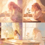 **A soft pastel romantic album cover illustration, delicate watercolor style. A gentle dreamy atmosphere with a young woman sitting near a wooden table by a window. On the table, a single white rose in a glass vase and a vintage envelope. Warm sunlight softly illuminating the scene. The woman's face is partially hidden by her flowing hair. The background shows a translucent curtain with subtle Indian patterns. The color palette is pastel pink, beige, and cream. Minimalistic, poetic, emotional, two-dimensional illustration. No text. --niji 6** - <@1212945075831836692> (relaxed)