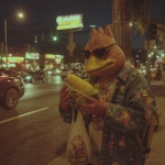 **Topogigio eating tenebrously bad and gross corn on the cob at a busy intersection during bohemian night out, no matter, bro got the munchies --raw --p 9ss3njw** - Image #2 <@538878031226470440>