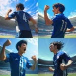 **Young Japanese male soccer player standing boldly on a green soccer field, wearing a plain solid blue soccer jersey with a single white back number, no logos or brands, clenching his fist with determination, modern stadium filled with cheering fans, bright natural daylight between morning and noon shining on the field, dynamic wind gently moving his hair and jersey, intense and brave expression on his face, cinematic atmosphere, realistic style, wide shot, no goalposts, no teammates, focus on the player’s strong stance and confident gaze --niji 6** - <@1212945075831836692> (relaxed)