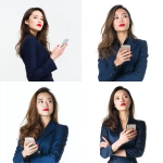 **a beautiful Asian woman aged 25-27, with long light brown hair, red lipstick, long red nails, wearing a navy blue business outfit, standing confidently at a 45-degree angle, using a smartphone, looking focused, low angle view looking slightly upward, clean white background, studio lighting, high realism, 4K** - <@427615579231485956> (fast)