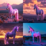 **illuminated ultraviolet unicorn ukiyo-e, majestic and posing for a full-length portrait, early evening in the desert landscape blurred background, ultra hd, hyper-realistic, commercial or advertisment photography, photorealistic or cyberpunk masterpiece --ar 13:9** - <@1146047051570876487> (fast)