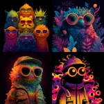 **cosmonautumnal moe moscot, gradient neon and staticflock themed moe monsters against dark bg --v 7.0** - <@1152889510158401576> (fast)