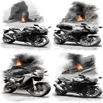 **a speeder motorbike standing on a rocky road, in the background on the winding road there is a bonfire with a flame --ar 1:2 --s 750 --sref <https://s.mj.run/PapqrsDryp0>** - Remix (Strong) by <@1167122440648937554> (fast)