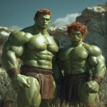 **Realistic 3d rendering. Full body portrait of two characters. ruggedly handsome, Hyper muscular handsome twin green skinned orcs, bright silver eyes, short curly redred hair, short pointed ears, defined muscles, pronounced features, hyper muscular, wide Grecian nose, strong square jaw, defined cheek bones, masculine features, freckles. Bodybuilder. wearing a tight short leather skirt. His oiled skin glistens under intense studio lighting. A strong camera flash highlights the shine on his muscles, creating bright reflections on his body, arms, and thighs. Retro fitness photography style, slightly exaggerated lighting contrast, 90s magazine aesthetic, center-framed, studio portrait shot. Standing and posing in a sunny rocky field. --ar 5:6** - Image #1 <@1222981214734913607>