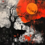 **fumarole eerie painting with a color scheme of monochromatic black and white with a pop of Color. The painting uses cross-hatching and palette knife techniques, inspired by analog horror, grunge Polaroids, ukiyo-e and retro Japanese horror. The mood is mysterious and unsettling --niji 6 --p k463ai2 --raw** - Image #2 <@948741381743083580>