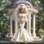 **a 1980’s Barbie doll in a wedding gown of satin and chiffon. The dress is mermaid style. The veil is simple and feminine. In the background is a beautiful gazebo. Ultra realistic, highly detailed, photorealistic. HD --v 7.0** - Image #1 <@1327691479602298971>