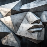 **<https://s.mj.run/37P11X5_e4o> same color and style, integration in art, cubism style, human face blended with textures looking to right, only these colors gunmetal jet davy's gray glaucous ash gray --ar 430:657** - Image #1 <@540764475347697694>